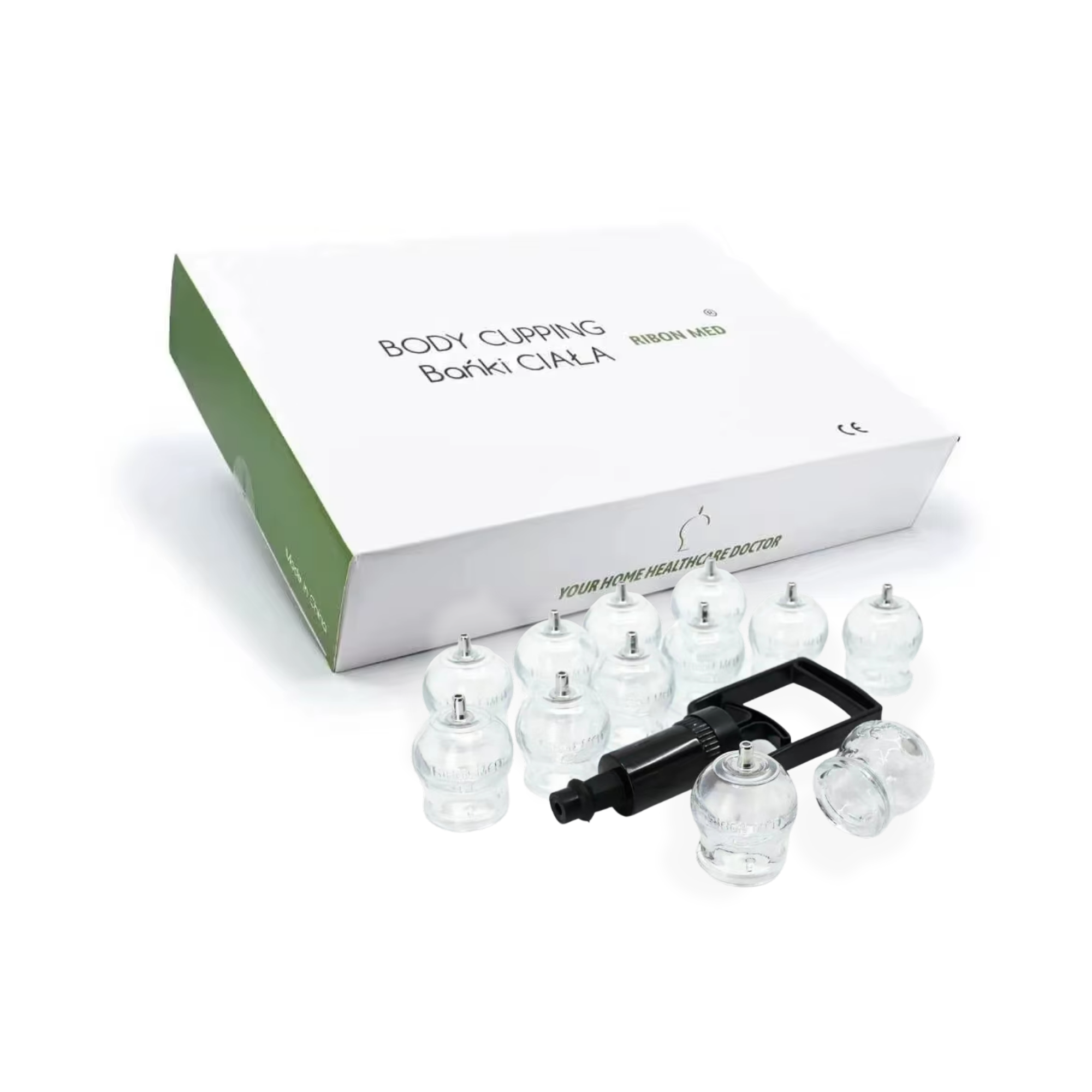 Schröpfset aus Glas, 12 Schröpfgläser + 1 Handpumpe
